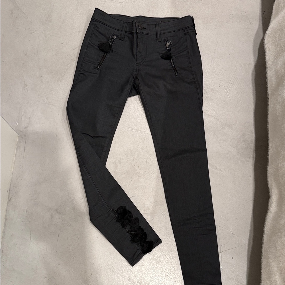 rag & bone Black Skinny Jeans with Ankle Tassels